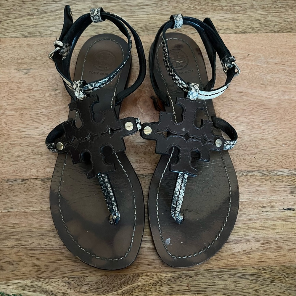 Tory Burch Brown and Black Logo Thong Sandals